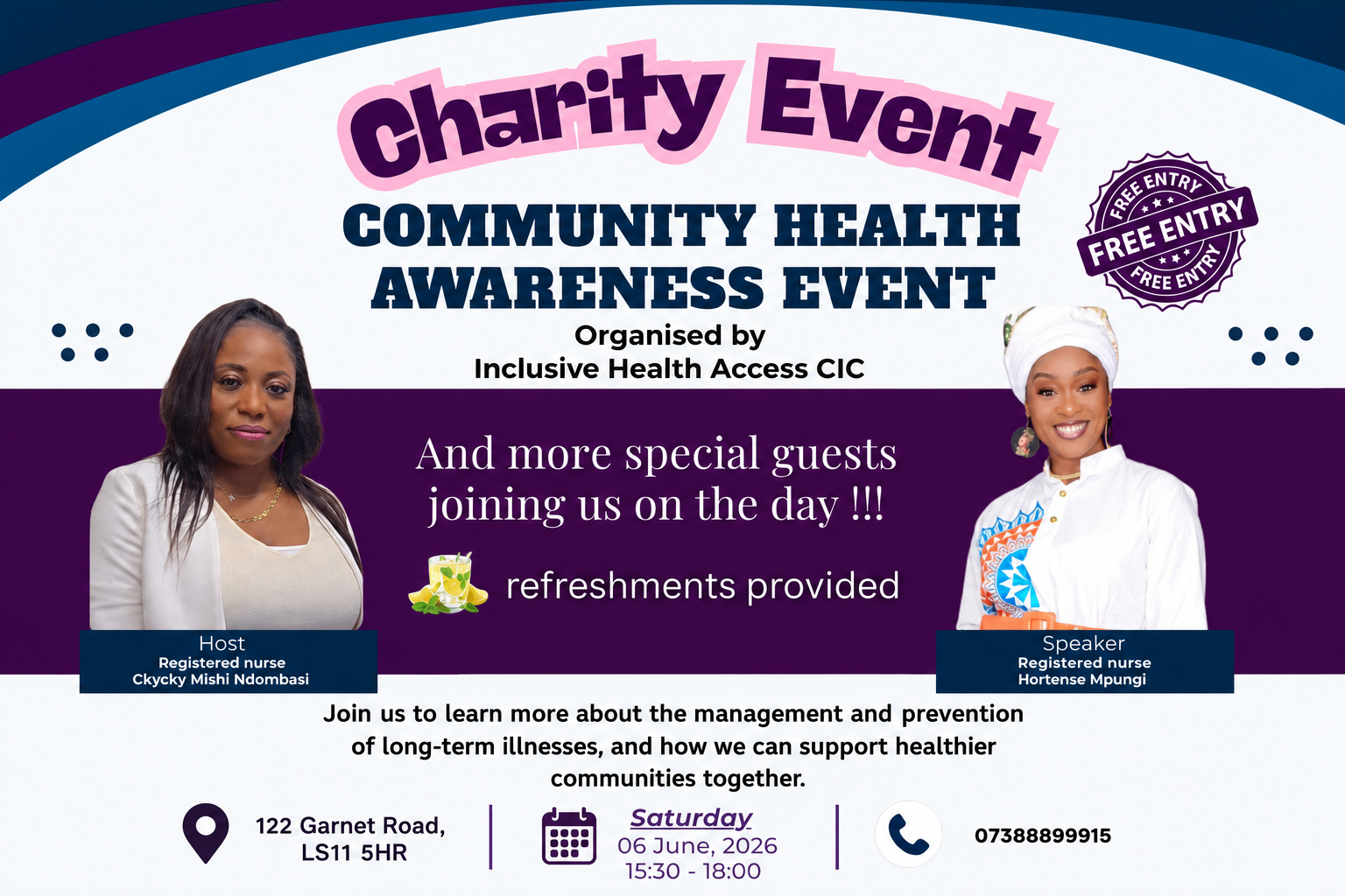 Poster for the Community Health Awareness Event organised by Inclusive Health Access CIC, free entry, 6 June 2026