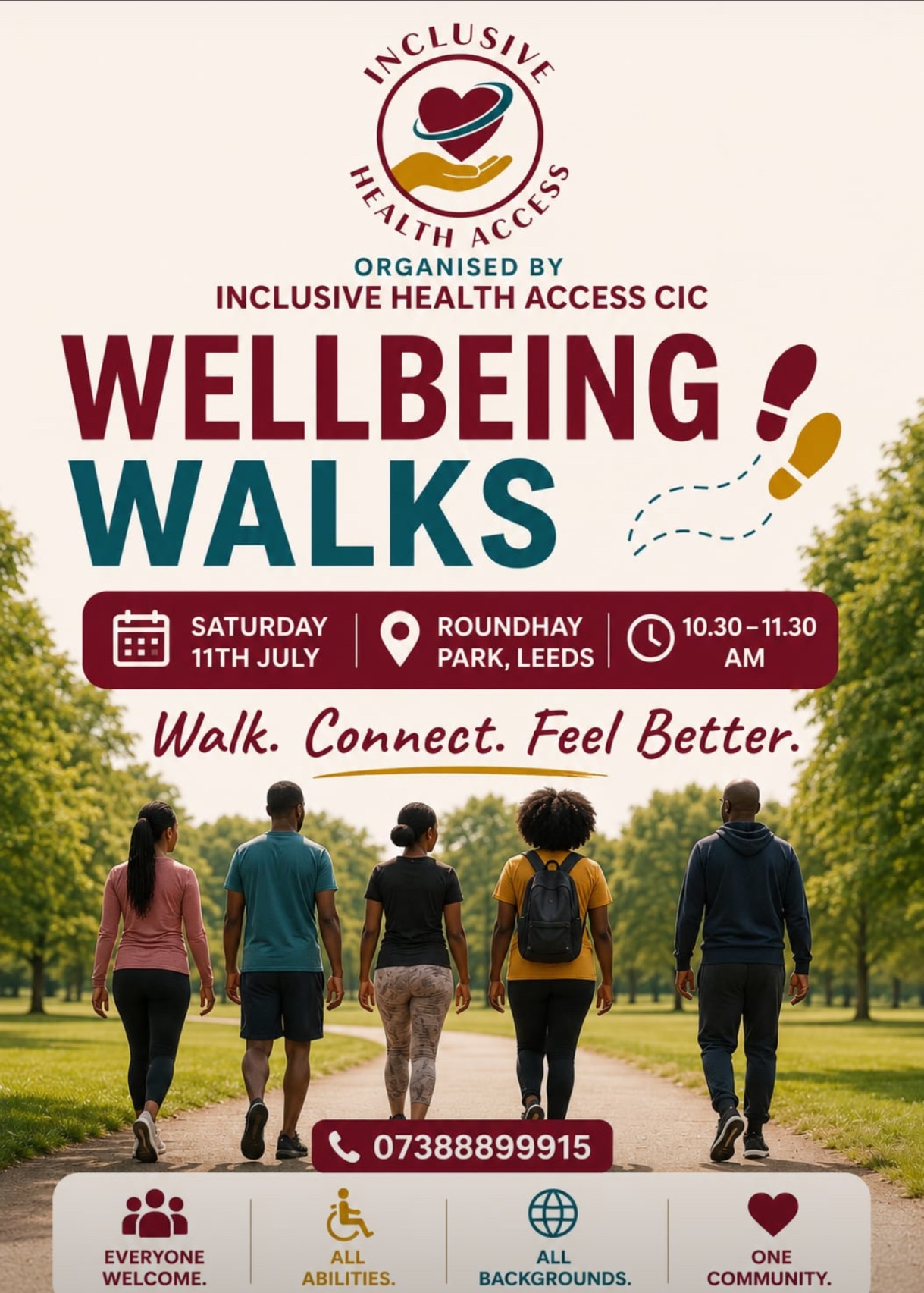 Poster for Wellbeing Walks at Roundhay Park, Leeds, organised by Inclusive Health Access CIC